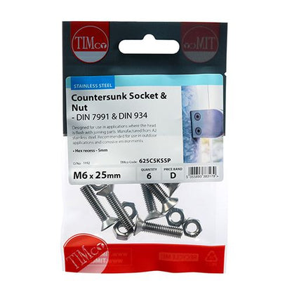 TIMCO CSK Socket & Nut - A2 SS M6 x 25 Pack 6