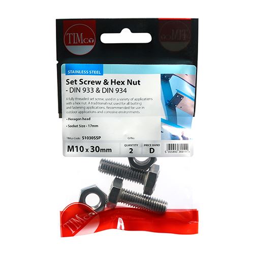 TIMCO Set Screw & Hex Nut - A2 SS M10 x 30 Silver Pack 2