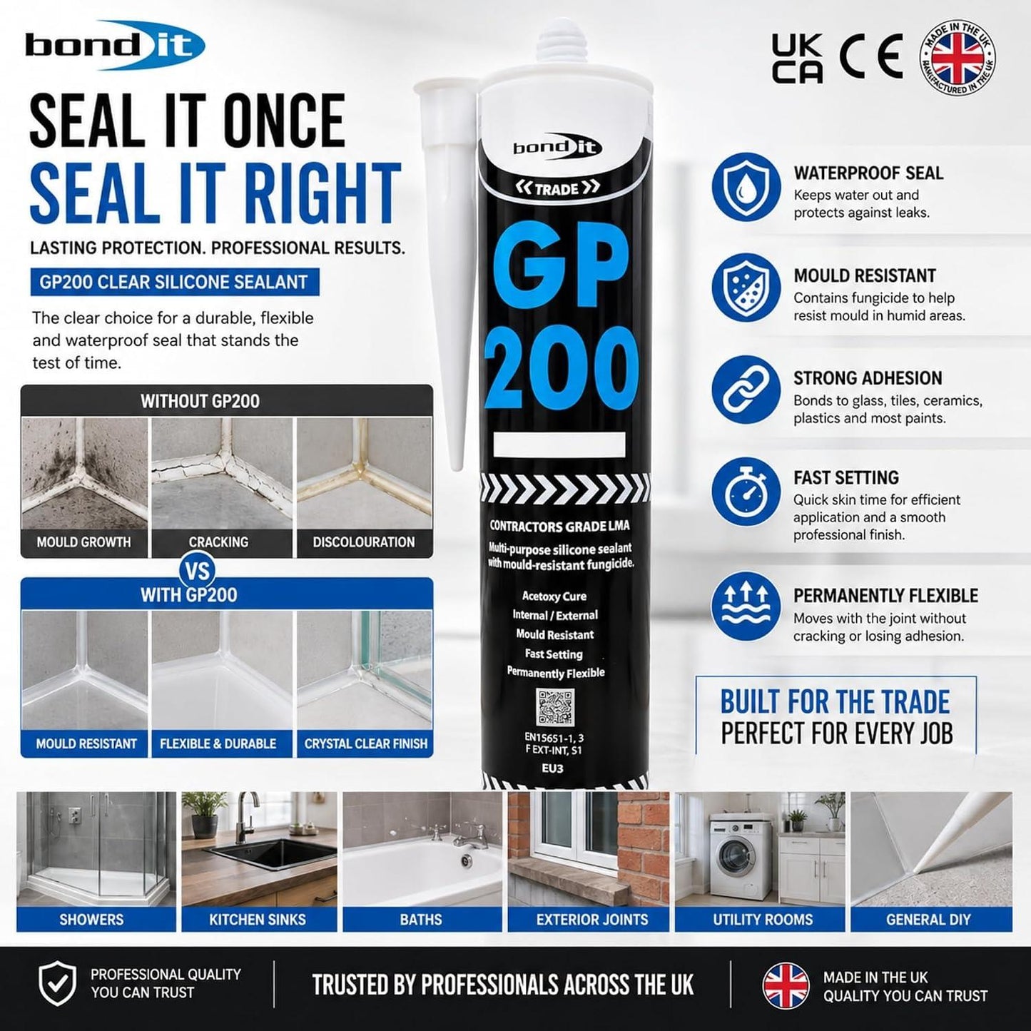 Bond It GP200 General Purpose Silicone Sealant 275ml – All Colours – Waterproof, Fast Setting and Mould Resistant for Interior and Exterior Use