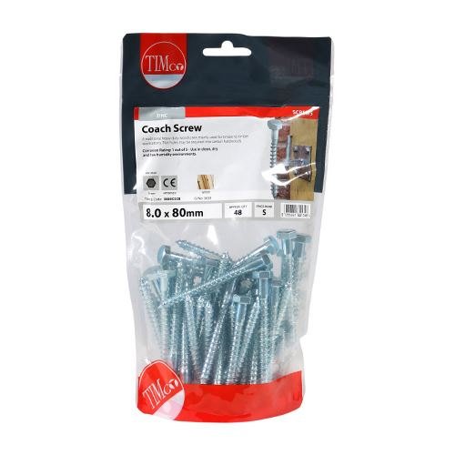 TIMCO Coach Screws Hex Head Silver  - 8.0 x 80 TIMbag OF 48 - 0880CSCB
