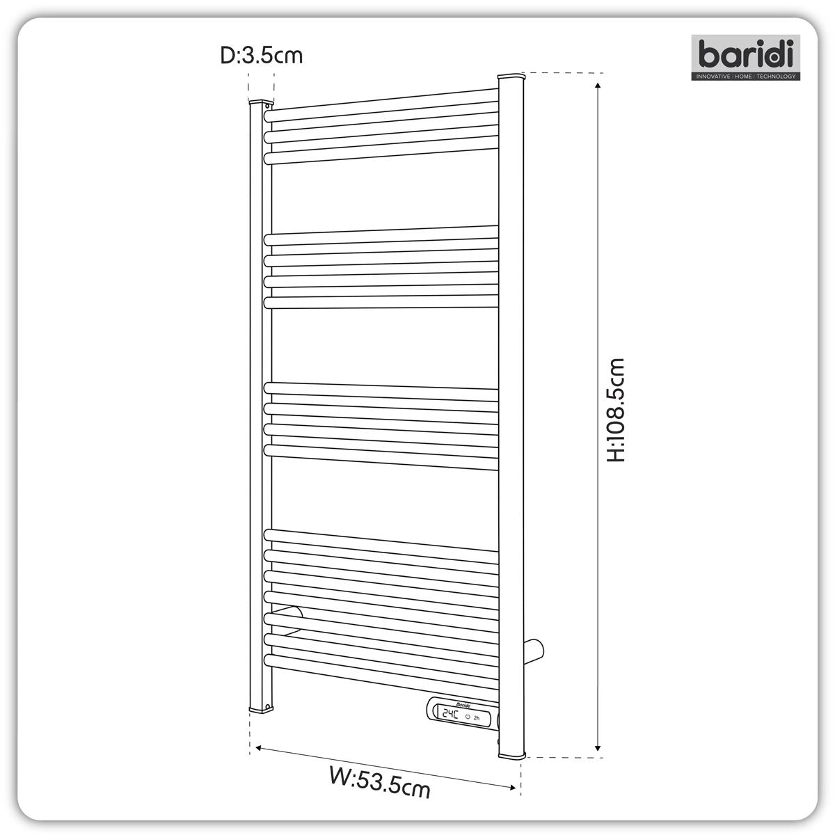Baridi DH371 Electric Heated Towel Rail 1085 x 535mm with LED Display - Black | 425W, 230V - 50HZ, Overheat Protection | LED temperature display.