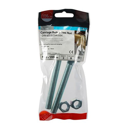 TIMCO Carriage Bolt & Hex Nut - BZP M12 x 100 Silver Pack 2