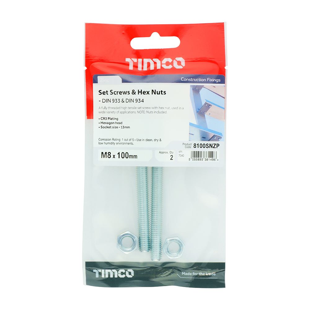 TIMCO Set Screw & Hex Nut - BZP M8 x 100 Silver Pack 2