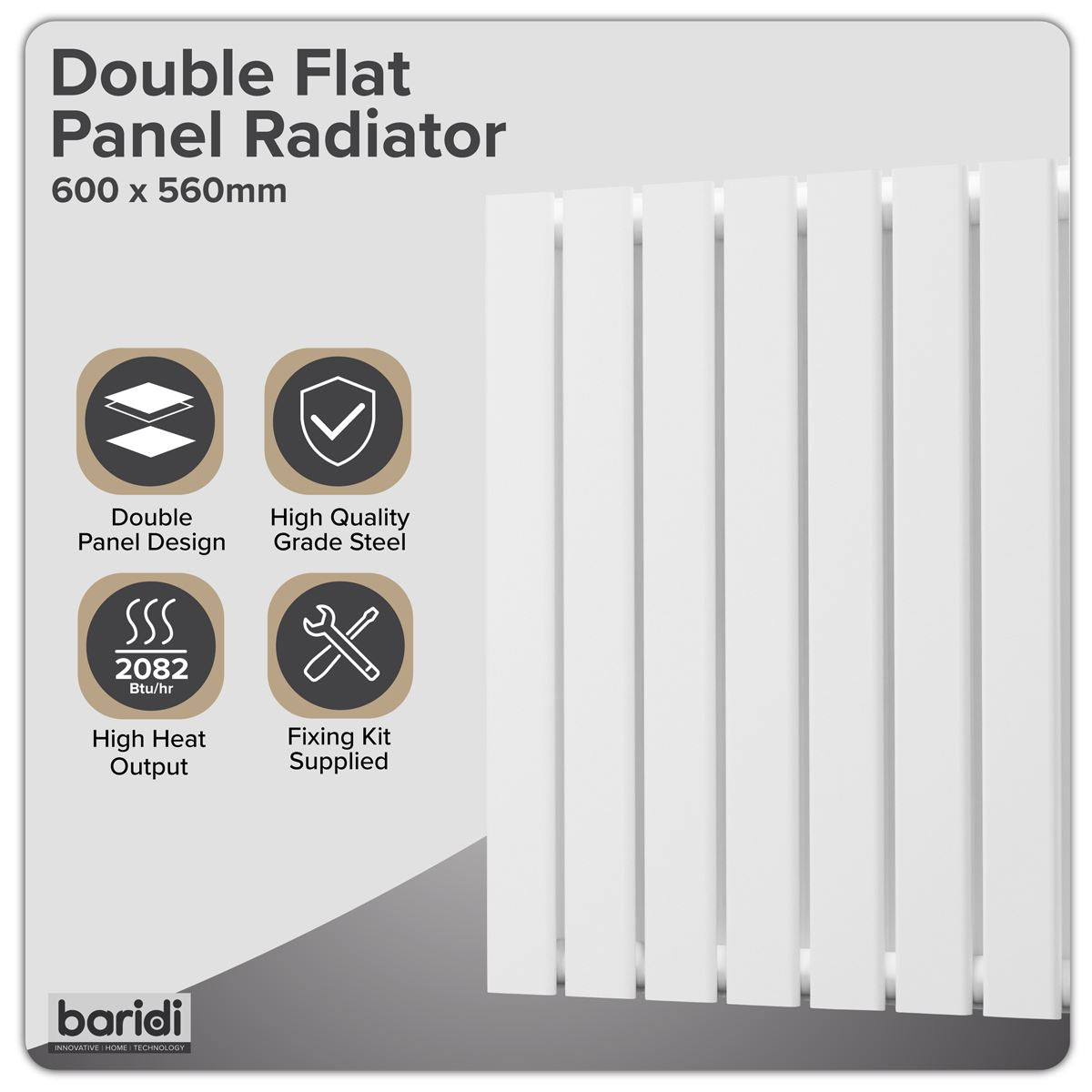 Baridi DH349 Horizontal Radiator Contemporary Double Flat Panel Design 600 x 560mm - White | Steel | Horizontal flat panel design delivers a BTU