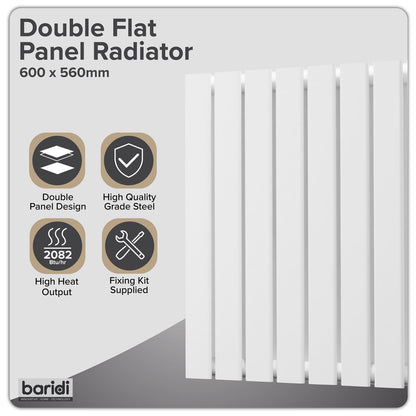 Baridi DH349 Horizontal Radiator Contemporary Double Flat Panel Design 600 x 560mm - White | Steel | Horizontal flat panel design delivers a BTU