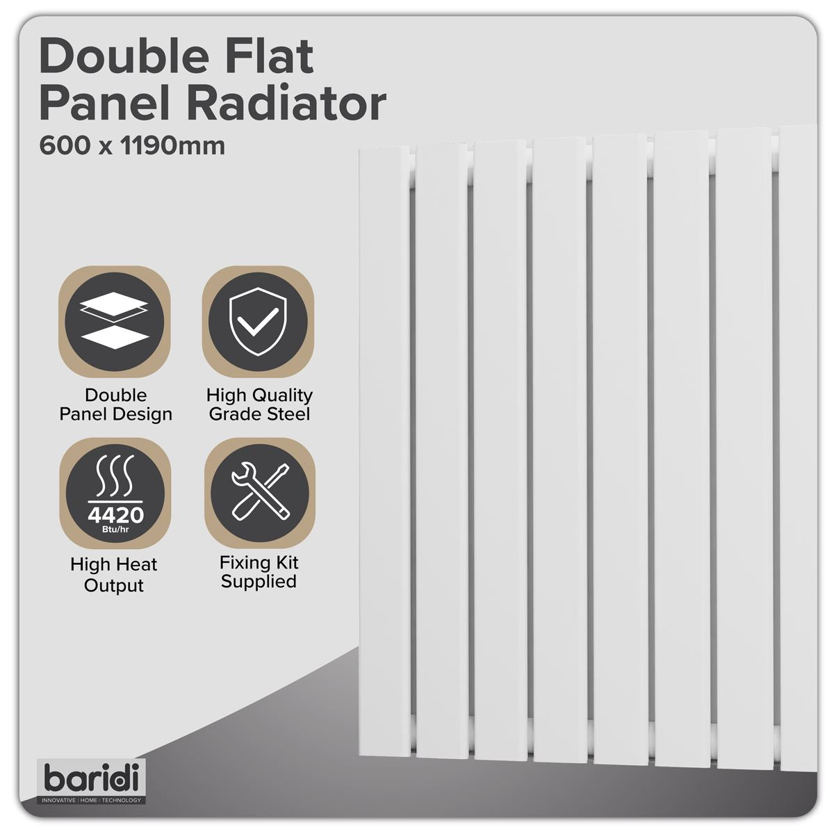 Baridi DH352 Horizontal Radiator Contemporary Double Flat Panel Design 600 x 1190mm - White | Steel | Horizontal flat panel design delivers a BTU