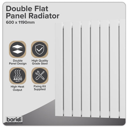 Baridi DH352 Horizontal Radiator Contemporary Double Flat Panel Design 600 x 1190mm - White | Steel | Horizontal flat panel design delivers a BTU