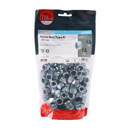 TIMCO P Nylon Nut DIN 982 - BZP M10 Silver Pack 130