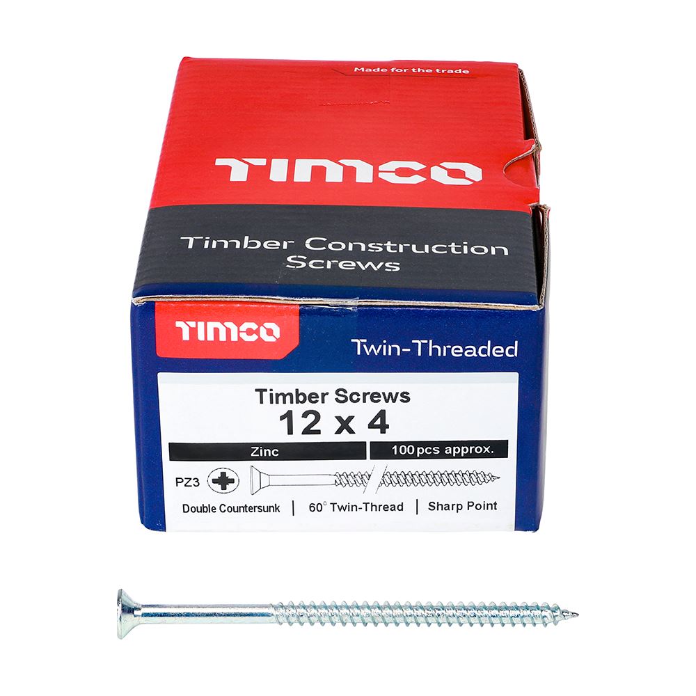 TIMCO Twin Woodscrew PZ3 CSK Zinc 12 x 4 Silver Pack 100