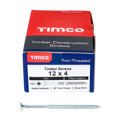 TIMCO Twin Woodscrew PZ3 CSK Zinc 12 x 4 Silver Pack 100