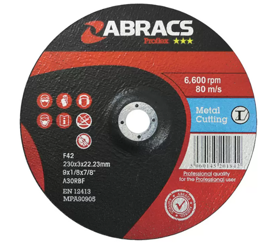 ABRACS F42 Metal Cutting Disc 230mmx3.0mmx22.23mm  6,600rpm  80m/s
