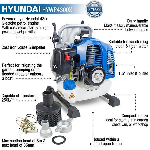 Hyundai HYWP4300X Water Pump 43cc 1.5in 35mm Clean Water 250L/min 35m Head 8m Lift 2-Stroke Transfer Pump Drainage Pump Drainage Transfer Pump
