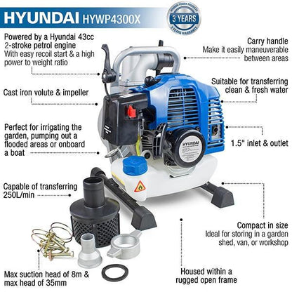 Hyundai HYWP4300X Water Pump 43cc 1.5in 35mm Clean Water 250L/min 35m Head 8m Lift 2-Stroke Transfer Pump Drainage Pump Drainage Transfer Pump