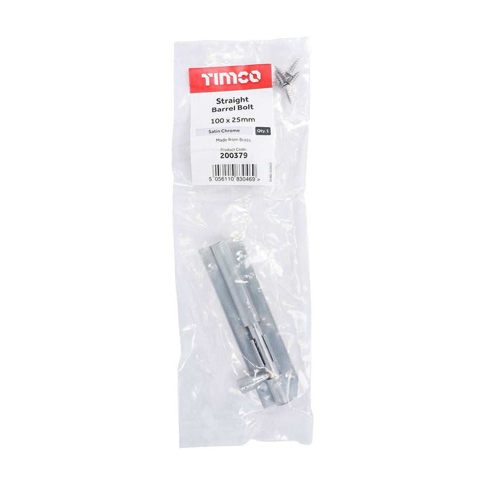 TIMCO Str. Barrel Bolt Sat. Chrome 100 x 25mm Pack 1