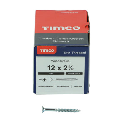 TIMCO Twin Woodscrew PZ3 CSK Zinc 12 x 2 1/2 Silver Pack 200