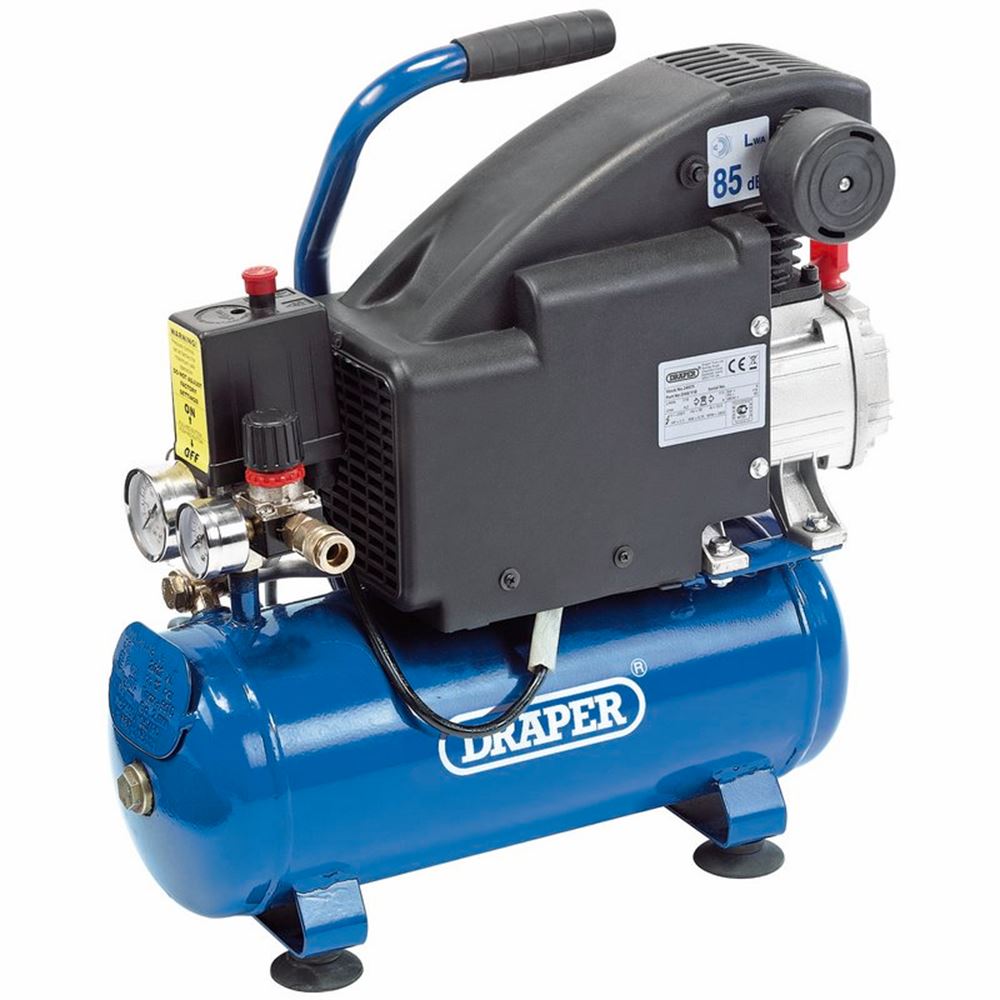 24975 Draper 8L Direct Drive Air Compressor, 0.75kW/1.1hp DA8/118 Mini Air Compressors 500 x 245 x 480mm Professional Trade DIY Workshop Garage Use