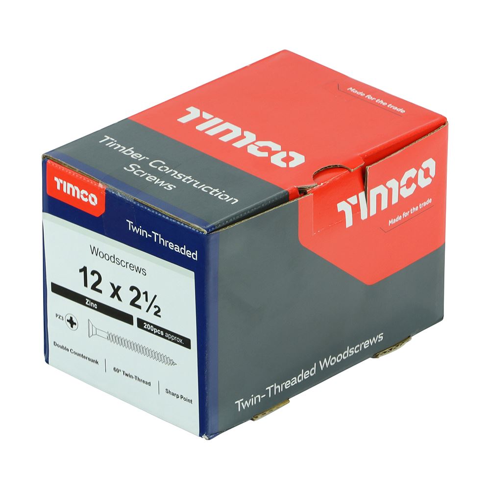 TIMCO Twin Woodscrew PZ3 CSK Zinc 12 x 2 1/2 Silver Pack 200