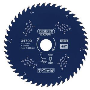 Draper TCT SAW BLADE 216MM 48T 34700 TCT Circular Saw Blade for Wood with PTFE Coating
