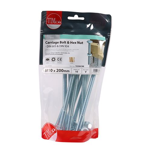 TIMCO Carriage Bolt & Hex Nut - BZP M10 x 200 Silver Pack 10