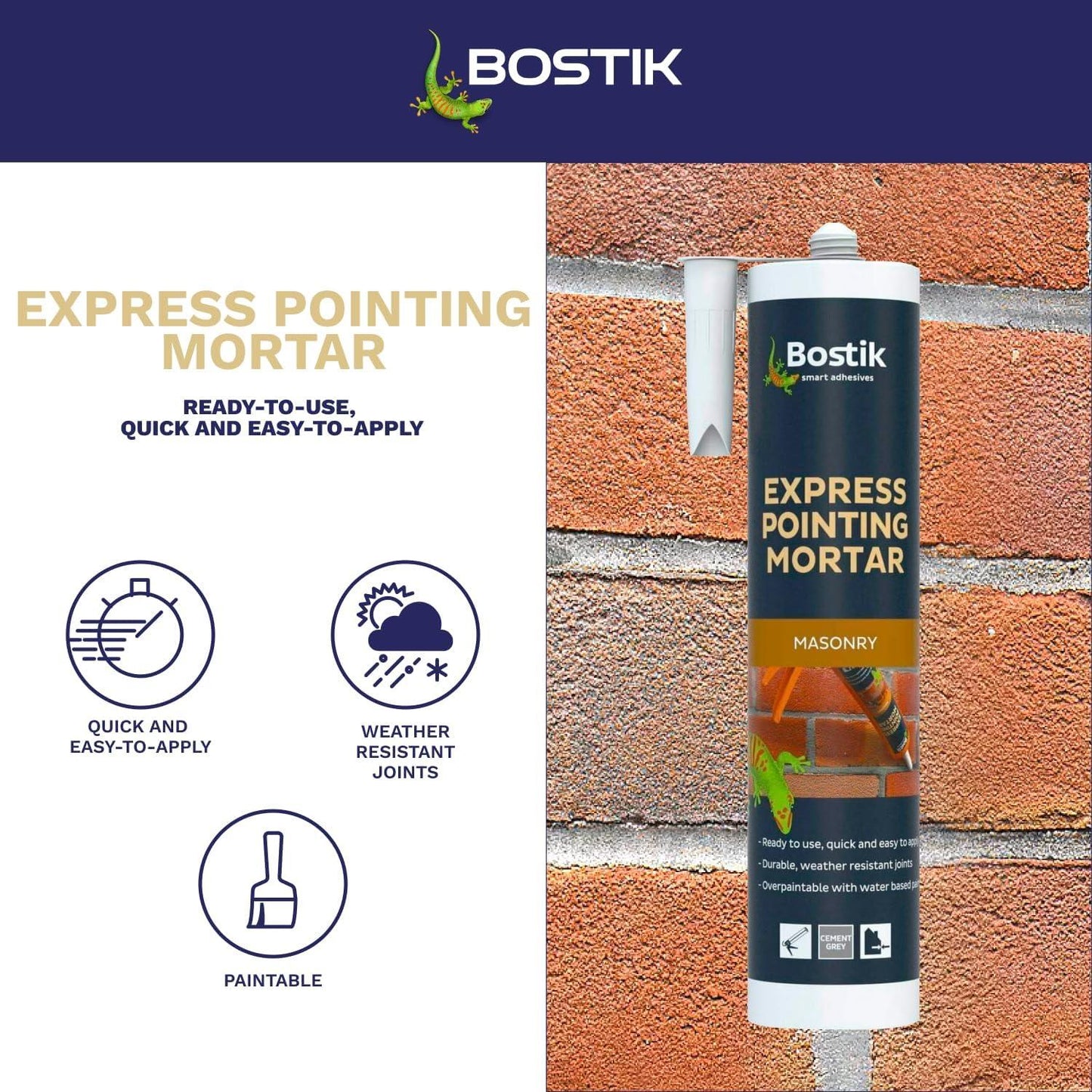 Bostik Express Pointing Mortar 310ml – Grey and Buff Ready-Mixed Masonry Joint Repair for Brick, Stone, Brick Slips and Lead Flashing