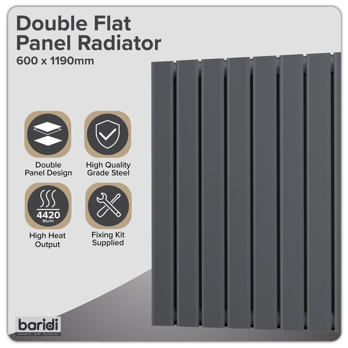 Baridi DH342 Horizontal Radiator Contemporary Double Flat Panel Design 600 x 1190mm - Anthracite | Steel | Horizontal flat panel design delivers a BTU