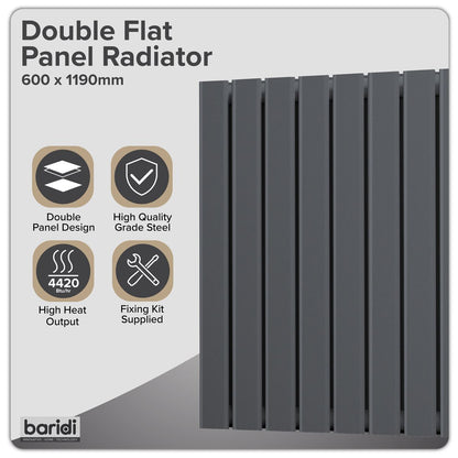 Baridi DH342 Horizontal Radiator Contemporary Double Flat Panel Design 600 x 1190mm - Anthracite | Steel | Horizontal flat panel design delivers a BTU
