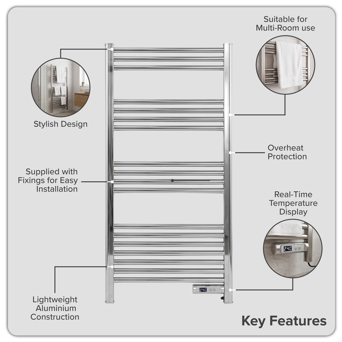 Baridi DH372 Electric Heated Towel Rail 1085 x 535mm with LED Display - Silver | 425W, 230V - 50HZ, Overheat Protection | LED temperature display.