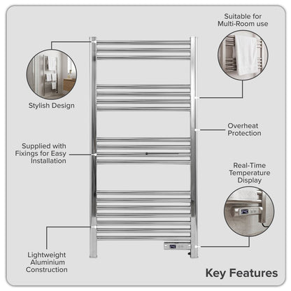 Baridi DH372 Electric Heated Towel Rail 1085 x 535mm with LED Display - Silver | 425W, 230V - 50HZ, Overheat Protection | LED temperature display.