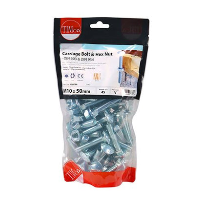 TIMCO Carriage Bolt & Hex Nut - BZP M10 x 50 Silver Pack 45