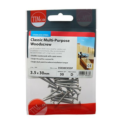 TIMCO Classic Screw PZ2 CSK - A2 S/S 3.5 x 30 Pack 30