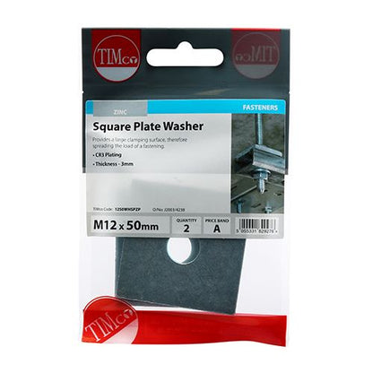 TIMCO Square Plate Washer - BZP M12 x 50 x 50 x 3 Silver Pack 2