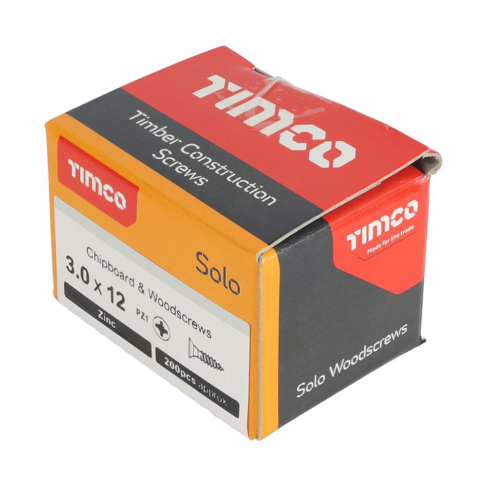 TIMCO Solo Woodscrew PZ1 CSK Zinc 3.0 x 12 Silver Pack 200