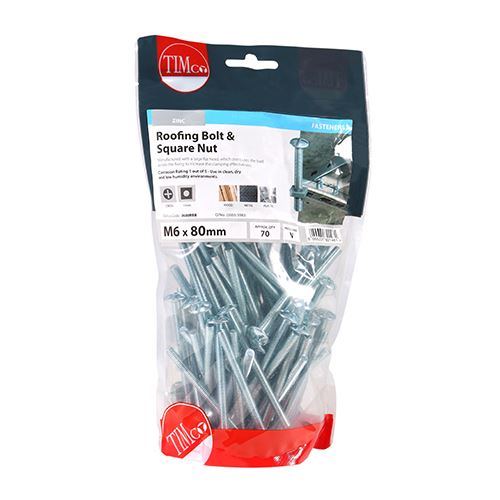 TIMCO Roofing Bolt & SQ Nut - BZP M6 x 80 Silver Pack 70