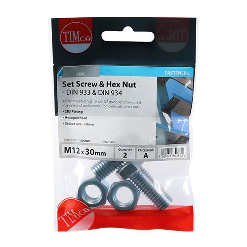 TIMCO Set Screw & Hex Nut - BZP M12 x 30 Silver Pack 2