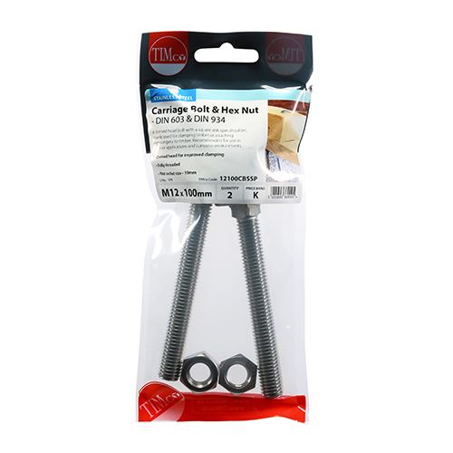 TIMCO Carriage Bolt & Hex Nut -A2 SS M12 x 100 Pack 2