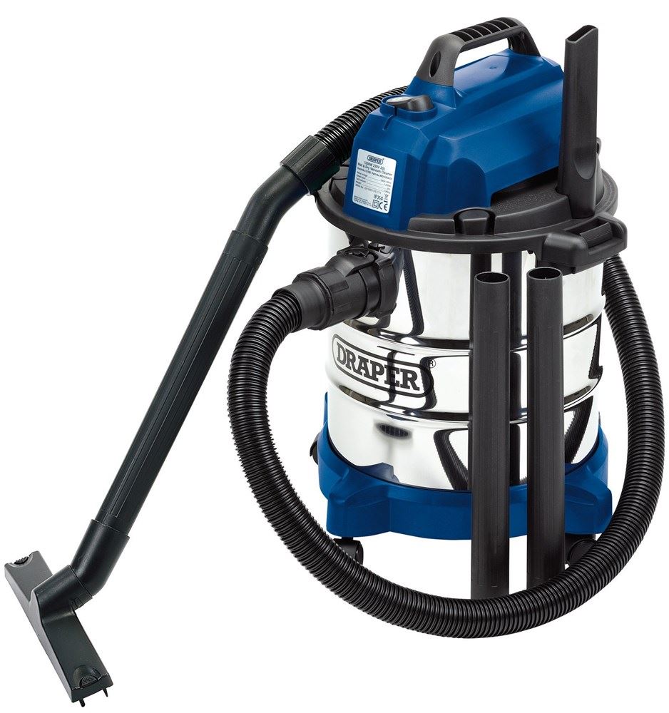13785 Draper 230V Wet and Dry Vacuum Cleaner with Stainless Steel Tank, 20L, 1250W Vacuums Professional Trade DIY Workshop Garage Use