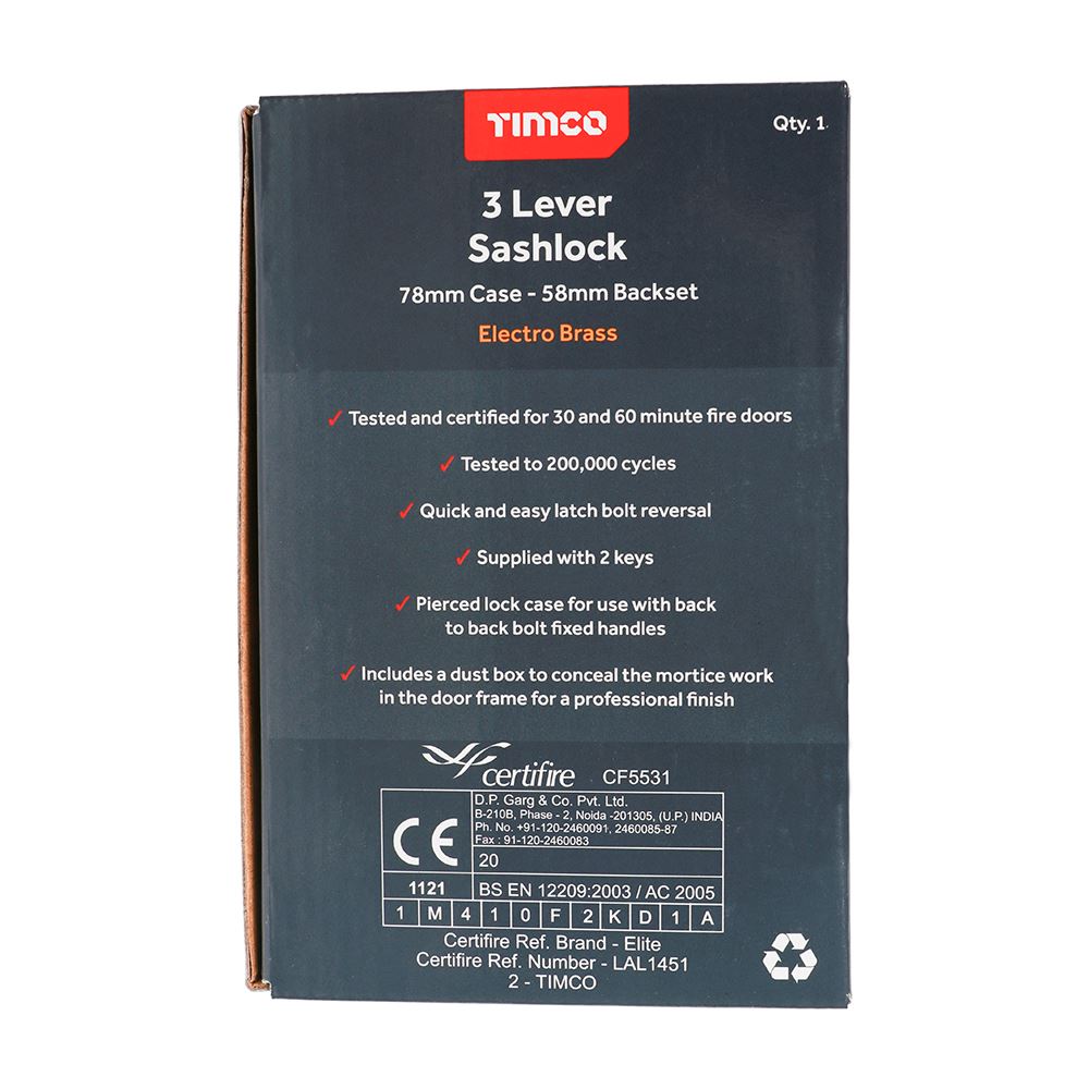 TIMCO 3 Lever Sashlock E. Brass 78mm Pack 1