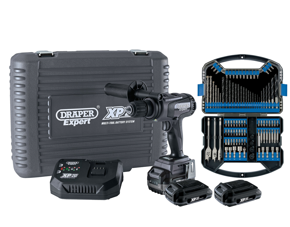 Draper XP20 COM/DRILL KIT 135NM 3X2AH 93076 XP20 Brushless Combi Drill 135Nm + 3x 2Ah Batteries and Fast Charger + Drill Bit Accessory Kit (101 Piece)