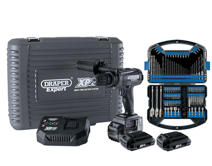 Draper XP20 COM/DRILL KIT 135NM 3X2AH 93076 XP20 Brushless Combi Drill 135Nm + 3x 2Ah Batteries and Fast Charger + Drill Bit Accessory Kit (101 Piece)