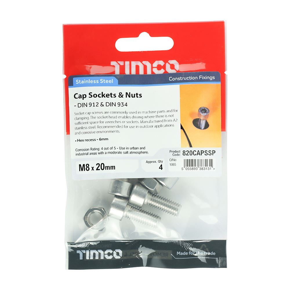 TIMCO Cap Socket & Nut - A2 SS M8 x 20 Pack 4