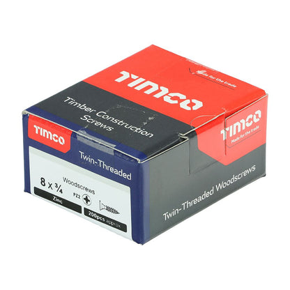 TIMCO Twin Woodscrew PZ2 CSK Zinc 8 x 3/4 Silver Pack 200