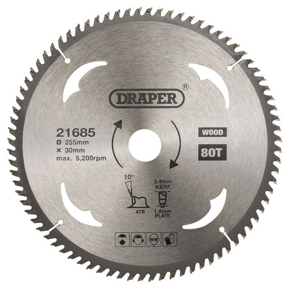 Draper TCT SAW BLADE 255MM 80T WOOD 21685 TCT Circular Saw Blade for Wood, 255 x 30mm