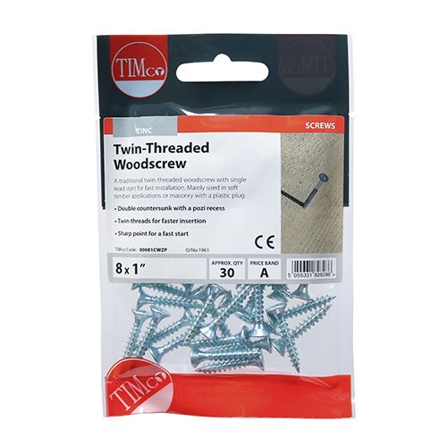 TIMCO Twin Woodscrew PZ2 CSK - BZP 8 x 1 Silver Pack 30