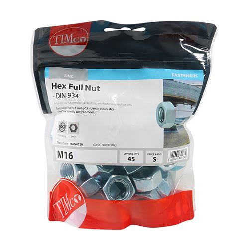 TIMCO Hex Nut DIN 934 - BZP M16 Silver Pack 45