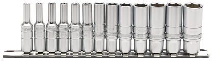 Draper 1/413PC MET. DEEP SOCKET RAIL 16490 Deep Metric Socket Set on a Metal Rail, 1/4" Sq. Dr. (13 Piece)