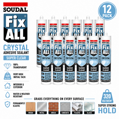 12 x Soudal Fix ALL Clear High Tack Adhesive Sealant Waterproof 290ml