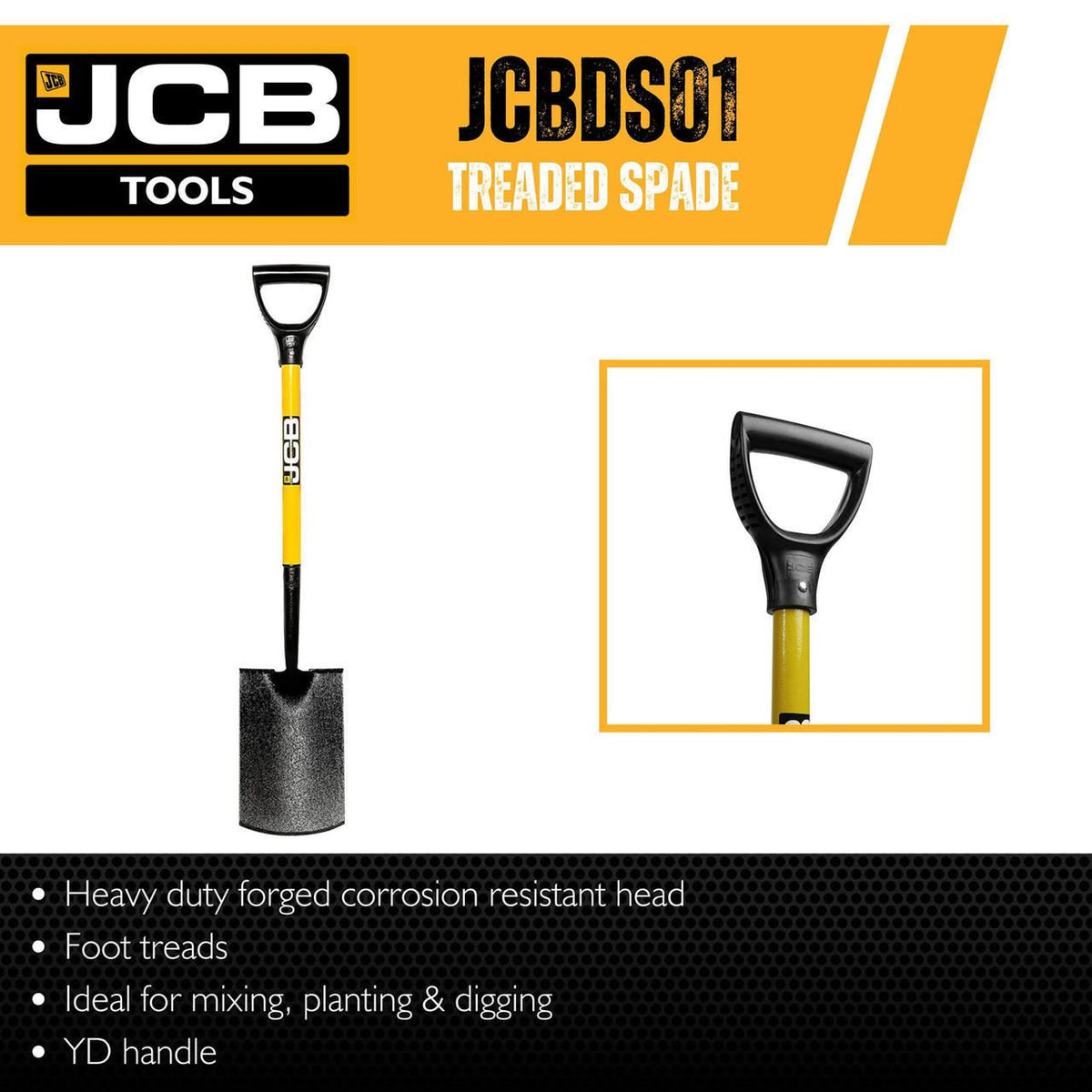 JCB JCBDS01 Garden Spade 180x280mm Blade Solid Forged Carbon Steel Treaded Professional Digging Spade Garden Tool