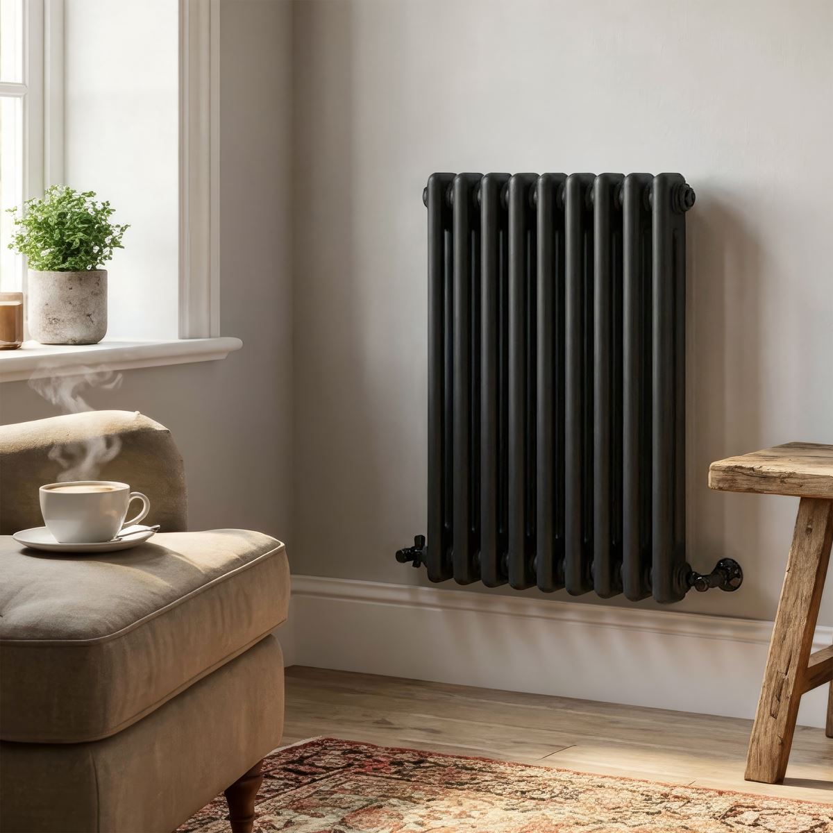 Baridi DH361 Horizontal Traditional 2 Column Radiator 600 x 427mm - Black | Steel | Horizontal traditional 2 column radiator delivers a BTU output of