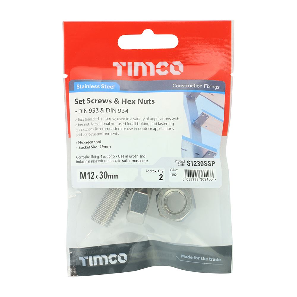 TIMCO Set Screw & Hex Nut - A2 SS M12 x 30 Silver Pack 2