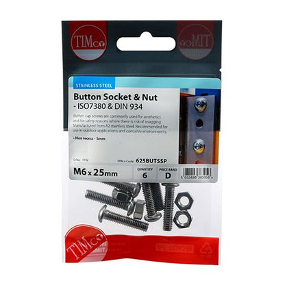TIMCO Button Socket & Nut - A2 SS M6 x 25 Pack 6